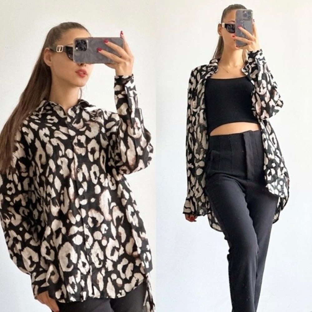 H&M Linen Black Leopard Print Button Down Shirt size XL